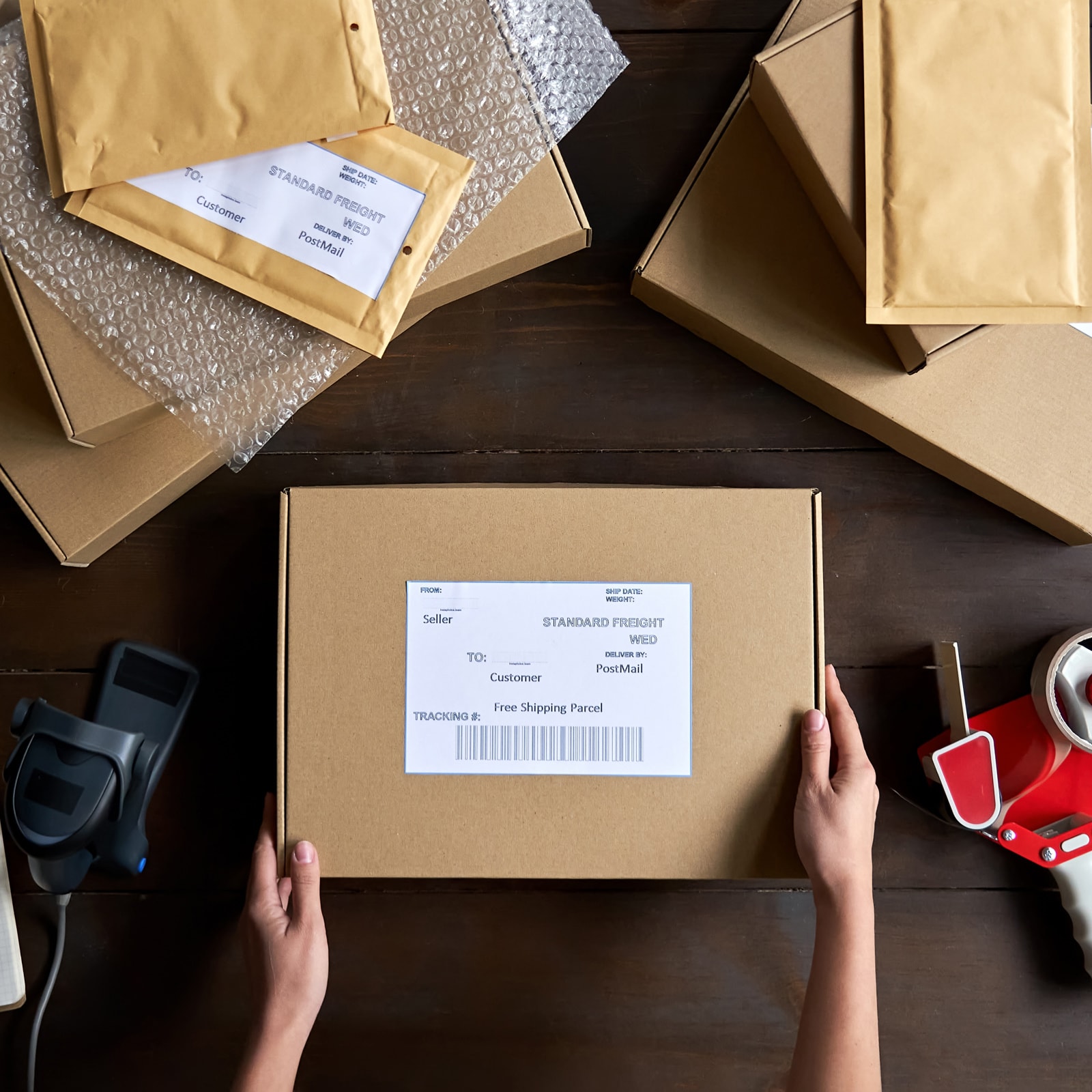 Parcels being prepared for dispatch at a retail packing station