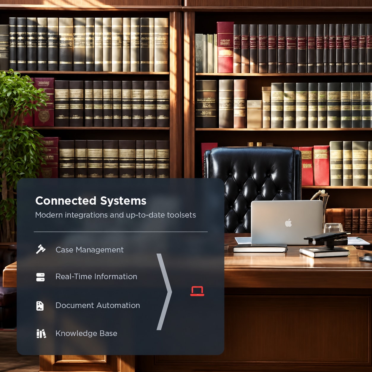 Illustrative connected legal software systems over a law library photograph; not a client implementation