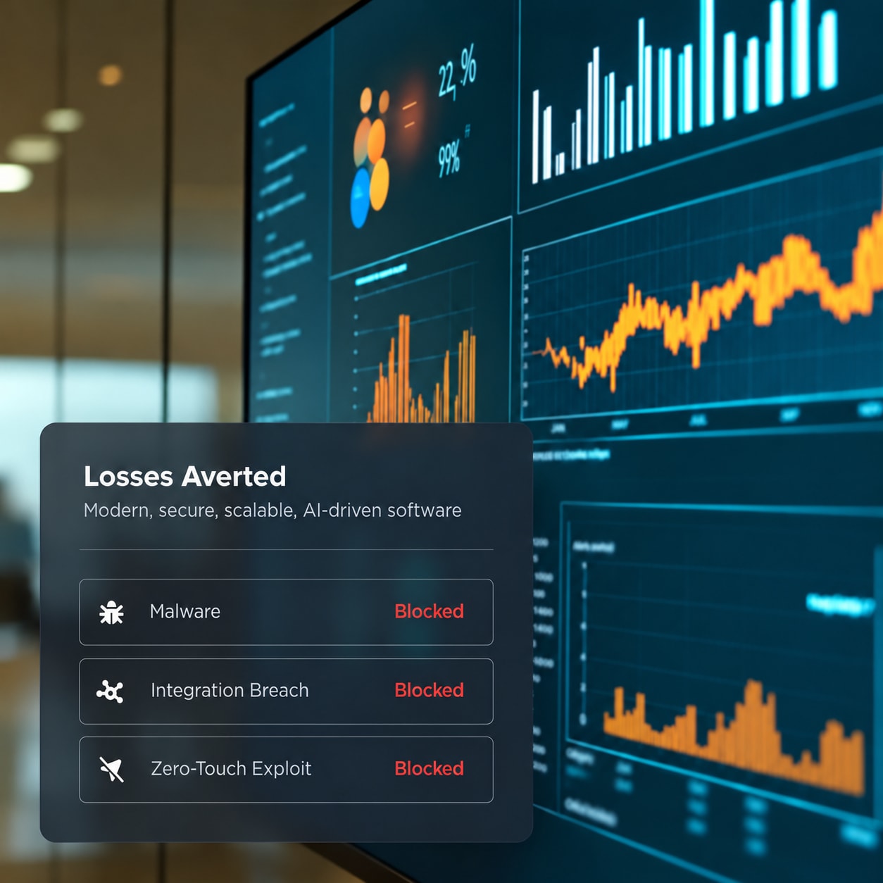 Illustrative financial dashboard and security alert interface