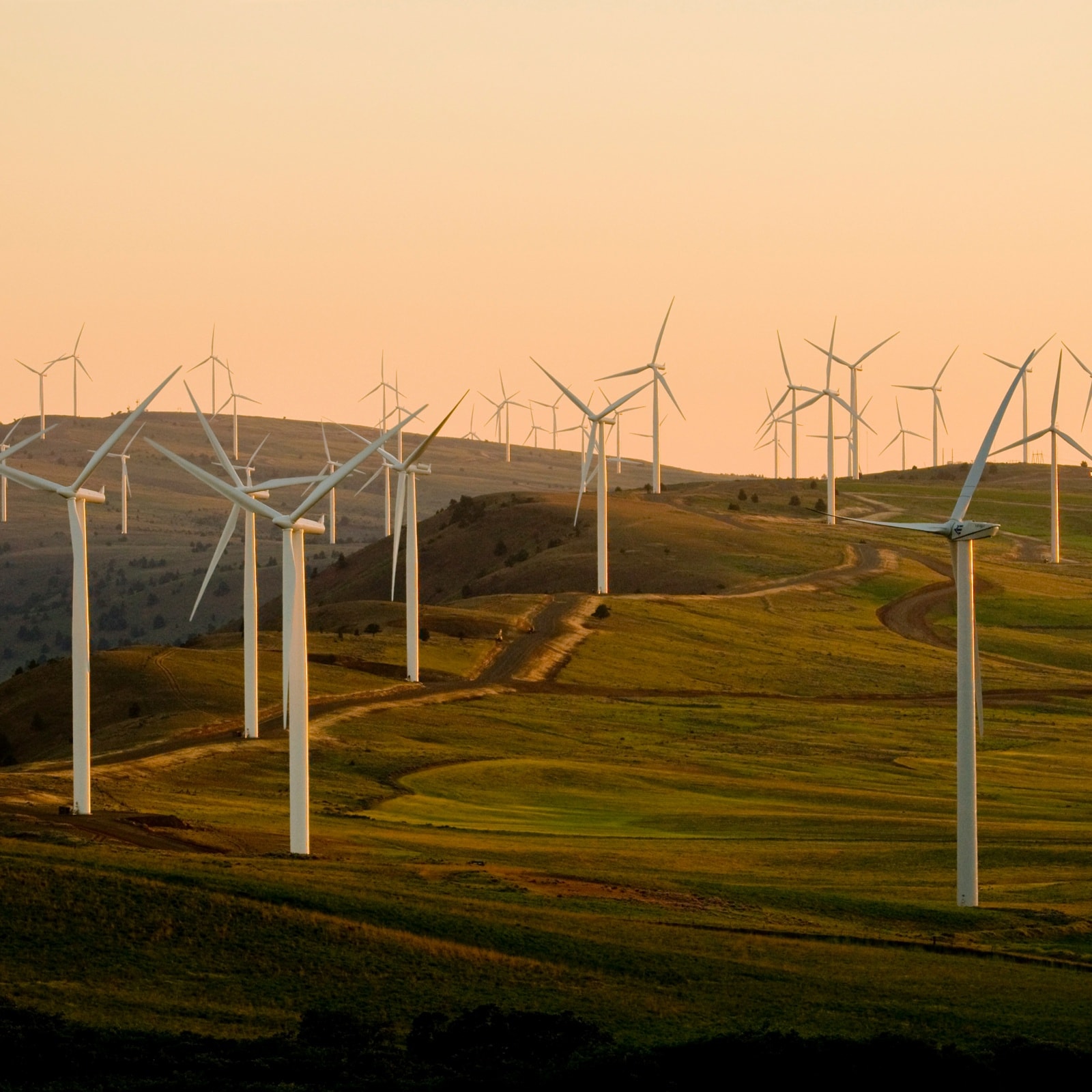 Wind turbines across an energy landscape at sunset