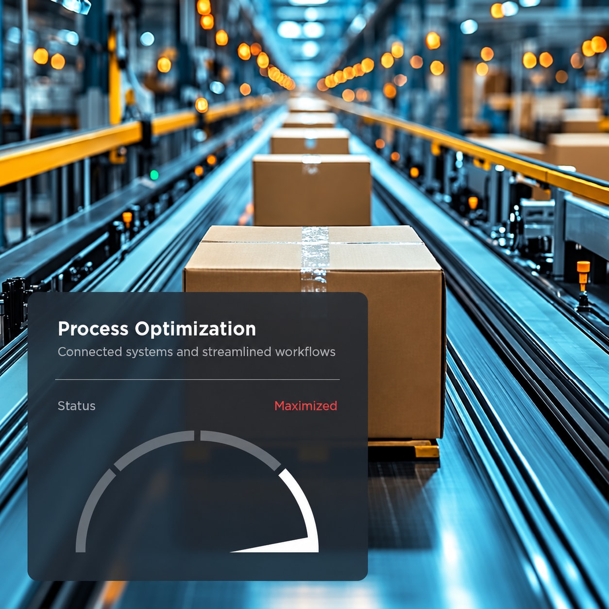 Illustrative process optimization diagram over packages moving along a conveyor; not client results
