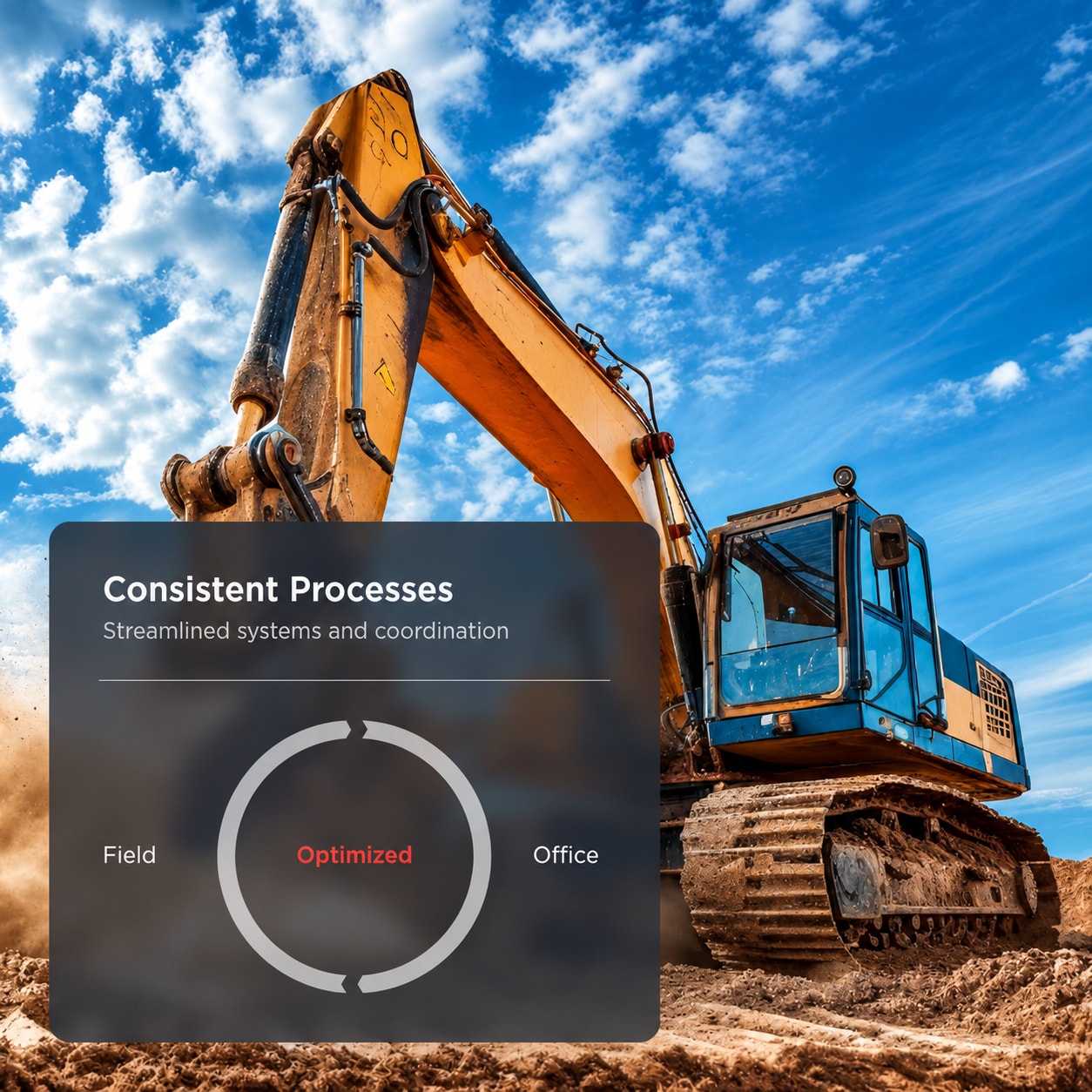 Illustration of connected field and office workflows over an excavator photograph